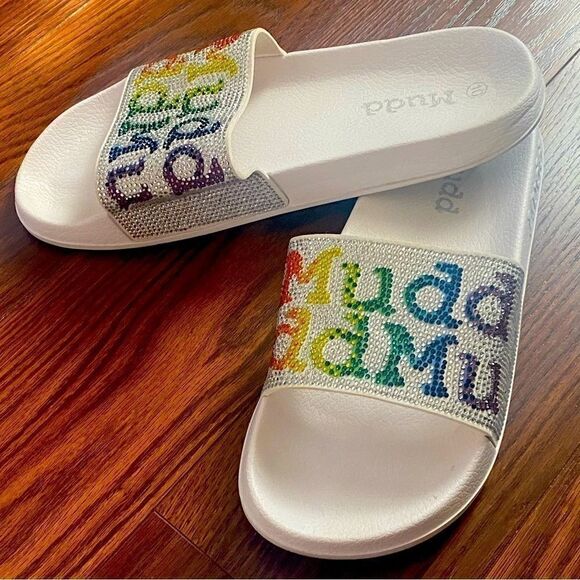 MUDD Designer Slip On Sandals Rainbow Sparkly Gems - Picture 1 of 4